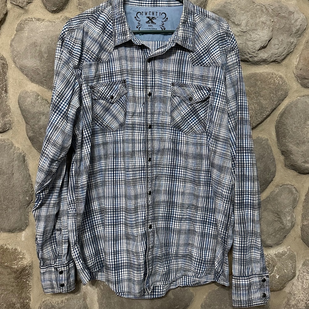 Twenty X Shirt Mens Size XXL Blue Plaid 20X Long Sleeve Western Casual